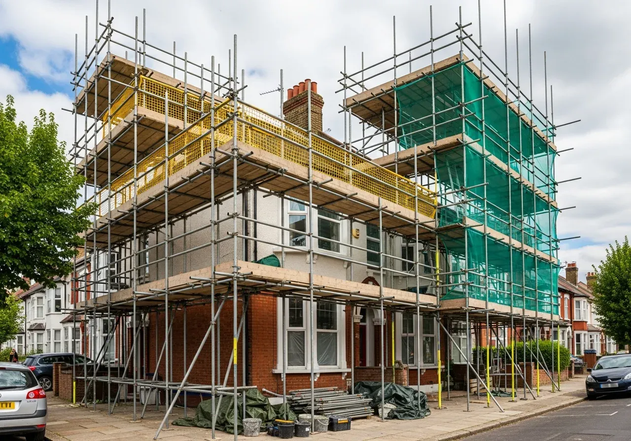 Domestic scaffolding erected around a Surrey home