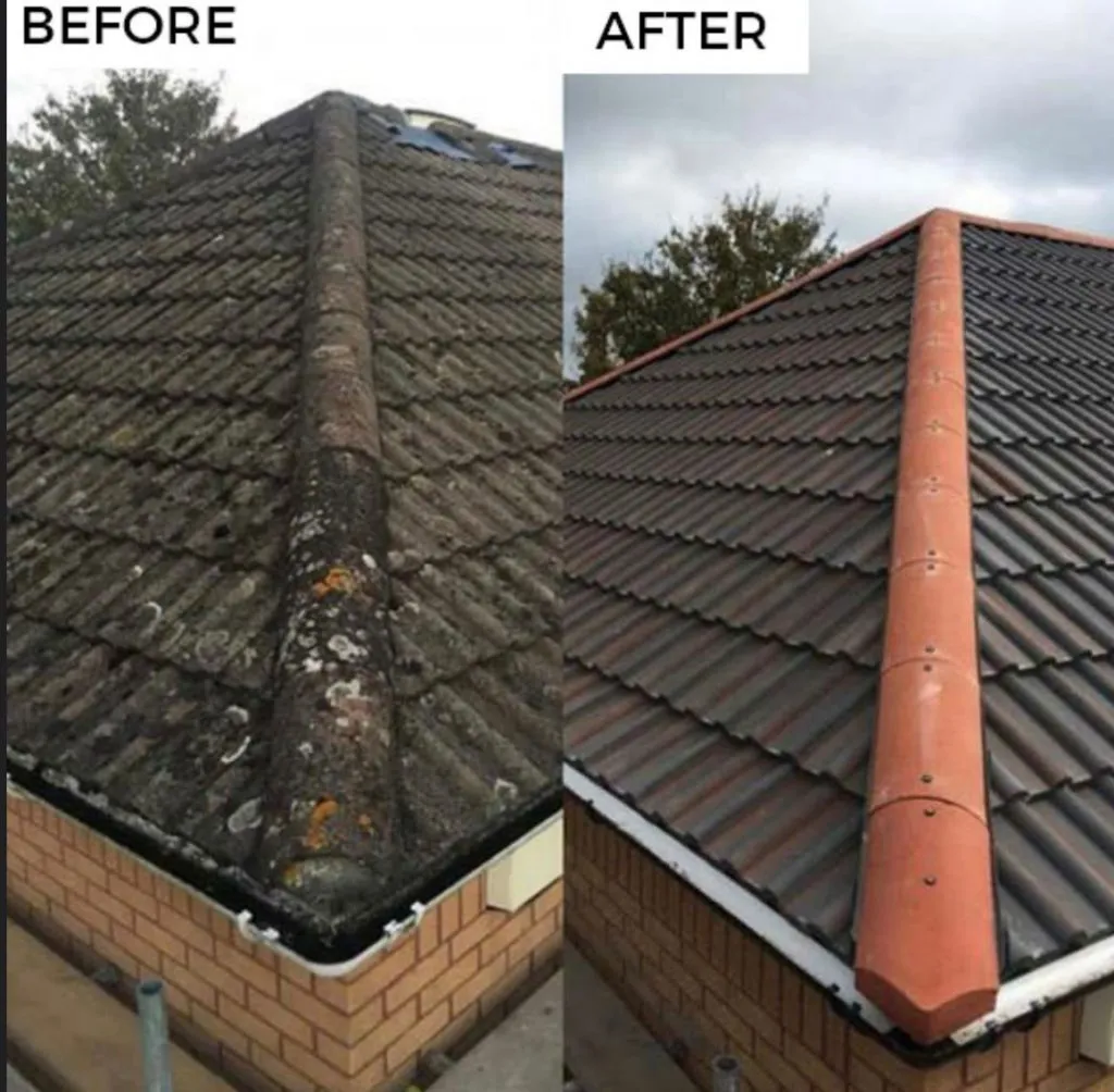 Pitched roof replacement before and after in {service area}
