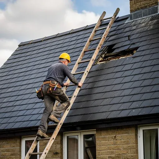 Professional roofer inspecting slate tiles on a property in {service area}