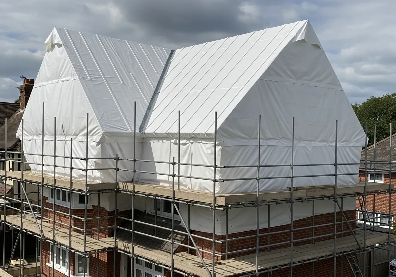 Temporary roof protecting a property during works